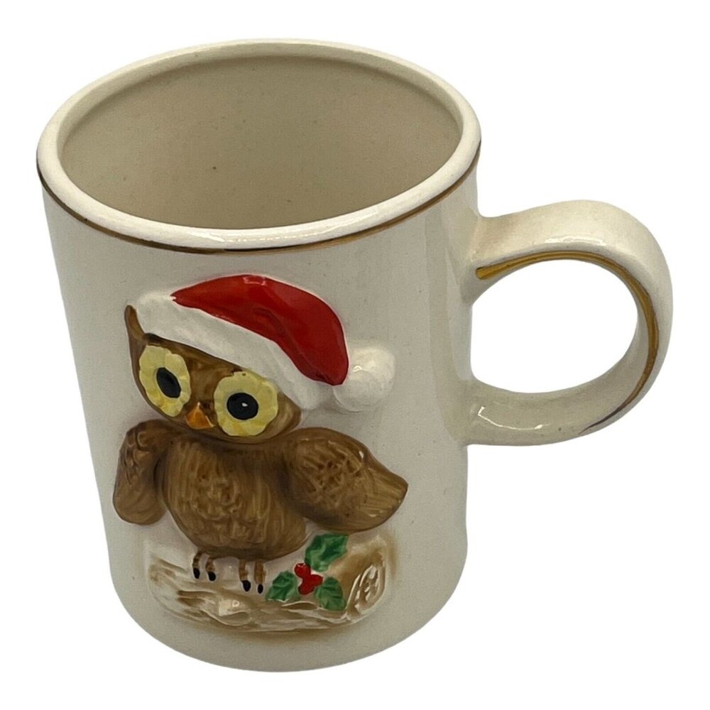 Josef Originals Christmas Owl on Yule Log Wearing Santa Hat Gilt Trim Coffee Mug